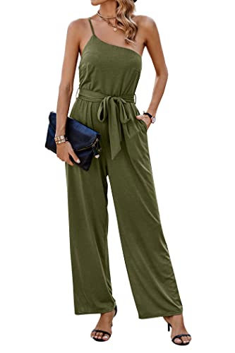 PRETTYGARDEN Women's 2023 Casual Summer Jumpsuits One Shoulder Strap Backless Belted Wide Leg Pants Rompers (Army Green,X-Large)