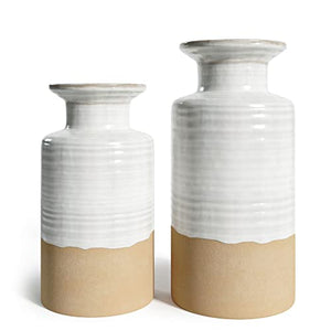 Barnyard Designs Stoneware Vase Set, Farmhouse Ceramic Vases Home Decor, Neutral Home Decor for Shelves, Pottery Decorative Vases for Home Decor Farmhouse, White Vases, Ivory/Tan, Set of 2, 9.25"/7.5"