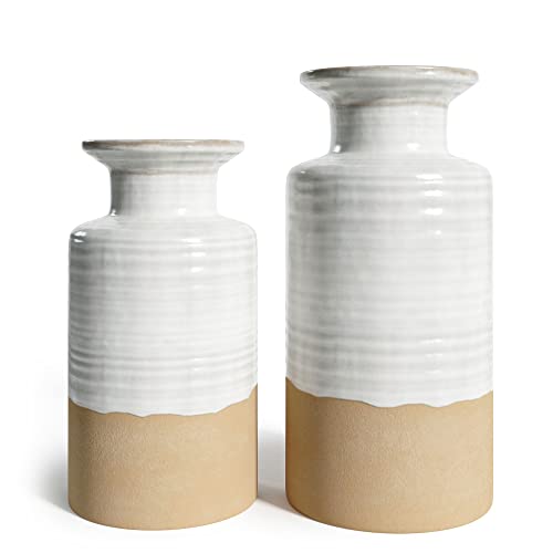 Barnyard Designs Stoneware Vase Set, Farmhouse Ceramic Vases Home Decor, Neutral Home Decor for Shelves, Pottery Decorative Vases for Home Decor Farmhouse, White Vases, Ivory/Tan, Set of 2, 9.25