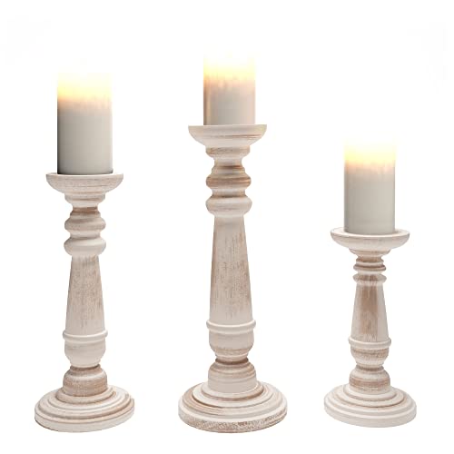 Barnyard Designs Rustic Pillar Candle Holder Stands, Tall Wood Candlestick Centerpieces for Table or Living Room Decor, White, Set of 3, (14