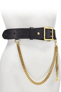 Chanel, Pre-Loved Black Leather & Gold Chain Belt 75, Black