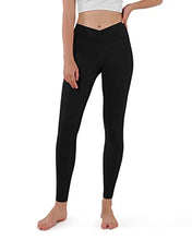 ODODOS Women's Cross Waist Yoga Leggings with Inner Pocket, Non See-Through Workout Running Tights Athletic Pants-Inseam 28", Black, Small