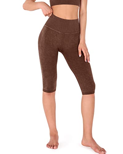 ODODOS Seamless Capris for Women Knee Length Ribbed High Waist Gym Workout Athletic Casual Yoga Crop Leggings, Stone Washing Brown, X-Small/Small