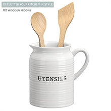 Barnyard Designs Ceramic Farmhouse Kitchen Utensil Holder for Countertop with Spoons, Decorative Kitchen Utensil Holder for Kitchen Counter, Utensil Crock Spatula Holder for Countertop, 6.5" White