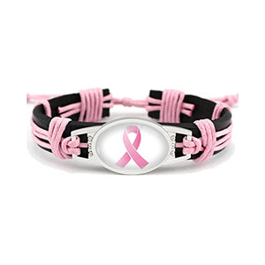 Breast Cancer Bracelets for Women Handmade Woven Pink Ribbon Leather Bracelet Girls Fighter Breast Cancer Awareness Jewelry