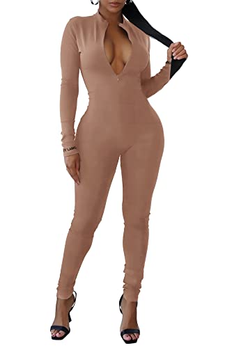 PRETTYGARDEN Women's Sexy Bodycon Jumpsuit Long Sleeve Zipper One Piece Romper Outfits Clubwear (Khaki,Medium)