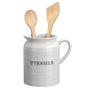 Barnyard Designs Ceramic Farmhouse Kitchen Utensil Holder for Countertop with Spoons, Decorative Kitchen Utensil Holder for Kitchen Counter, Utensil Crock Spatula Holder for Countertop, 6.5" White