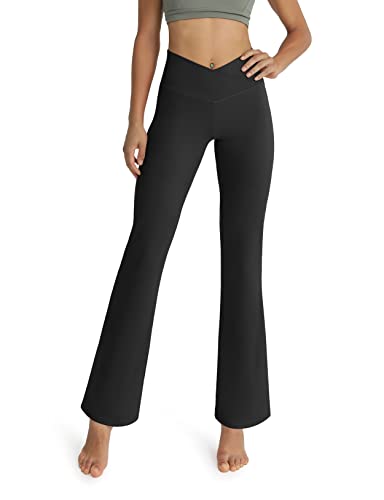 ODODOS Women's Cross Waist Bootcut Yoga Pants with Inner Pocket, Non See Through Bootleg Gym Workout Pants -Inseam 29