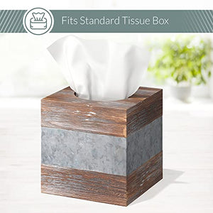 Barnyard Designs Rustic Metal and Distressed Wood Square Tissue Box Cover - Decorative Bathroom Facial Tissue Box Holder Farmhouse Country Decor 6” x 6”