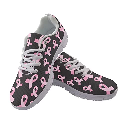 INSTANTARTS Breast Cancer Awareness Sneakers Womens Breathable Air Mesh Running Shoes Lace Up Tennis Flat Shoes