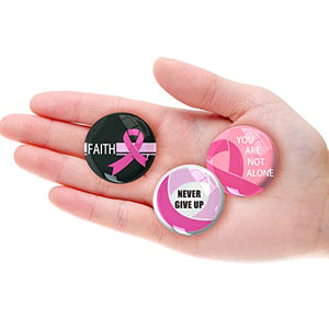 Bundle of 16 Pcs Breast Cancer Awareness Novelty Buttons, 12 Pcs Retractable Gel Roller Ball Pen Black Ink, 12 Pcs Breast Cancer Awareness Bracelets, 48 Pcs Die-Cut Pink Ribbon Stickers