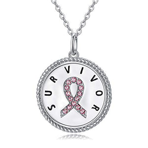 AOBOCO Breast Cancer Survivor Gifts for Women, Sterling Silver Breast Cancer Awareness Necklace, Pink Ribbon Inspirational Jewelry Gift