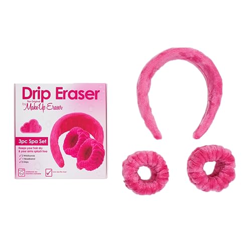 Drip Eraser by The Original MakeUp Eraser, Absorbent Headband and Wristbands Collect Water During Face Washing, 3 Piece Spa Set, Pink, One Size Fits Most