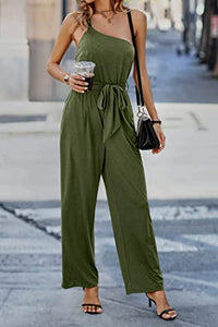 PRETTYGARDEN Women's 2023 Casual Summer Jumpsuits One Shoulder Strap Backless Belted Wide Leg Pants Rompers (Army Green,X-Large)