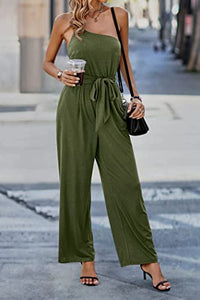 PRETTYGARDEN Women's 2023 Casual Summer Jumpsuits One Shoulder Strap Backless Belted Wide Leg Pants Rompers (Army Green,X-Large)