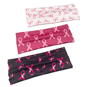 DIUEWOW Breast Cancer Awareness Headbands Pink Ribbon Women Headwraps Elastic Wide Head Band Supplies Workout for Party Fundraising Sports Running Stretchy Twisted Hair Band 3 Pieces（Black Red White）