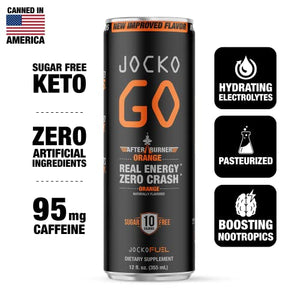 Jocko GO Energy Drink (Afterburner Orange) - KETO, Vitamin B12, Vitamin B6, Electrolytes, L Theanine, Magnesium- All Natural Energy Boost, Sugar Free Nootropic Monk Fruit Blend - 12 Pack