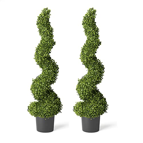 Barnyard Designs 4ft (48”) Artificial Boxwood Spiral Topiary Trees, Indoor Entryway, Living Room or Covered Front Porch Home Decor, Faux Fake Plant Decoration, Set of 2