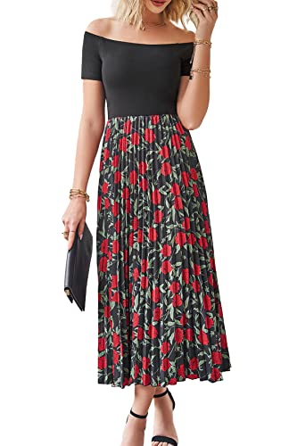 PRETTYGARDEN Women's 2023 Summer Patchwork Maxi Dress Casual Off The Shoulder Short Sleeve Pleated Long Dresses (Black Rose,Medium)