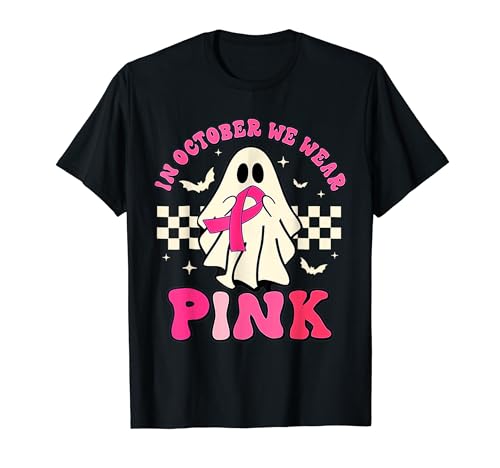 Groovy We Wear Pink Breast Cancer Awareness Ghost Halloween T-Shirt