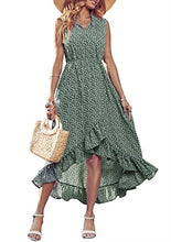 KIRUNDO 2023 Womens Summer Sleeveless Floral Print High Low Maxi Dress Tie V Neck Ruffle A-Line Flowy Beach Dresses(Floral-Green, X-Large)