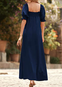 KIRUNDO 2023 Women's Summer Puff Sleeve Square Neck Loose Maxi Dress Pocketed Babydoll Maternity Dress Casual Long Dresses(Navy, Large)