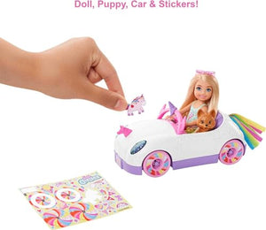 Barbie Chelsea Doll & Unicorn Toy Car, Blonde Small Doll in Removable Skirt, Pet Puppy, Sticker Sheet & Accessories