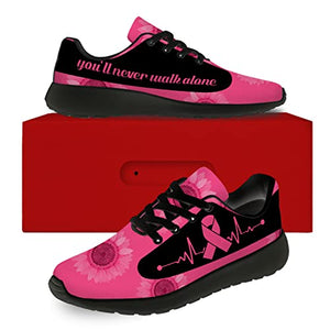 Uminder Womens Breast Cancer Awareness Shoes Mens Running Shoes Walking Tennis Sneakers Breast Cancer Ribbon Pink Sunflower Shoes Gifts for Mom Women,Size 7.5 Men/9 Women Black