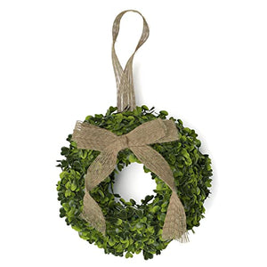 Barnyard Designs 8" Artificial Boxwood Wreath with Burlap Ribbon, Decorative Indoor/Outdoor Faux Greenery for Front Door, Wall or Window, Farmhouse Home Décor