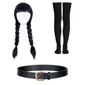 Wednesday Addams Dress Up Costume for Girls Birthday Halloween Cosplay Party with Wig Socks Belts 3T 4T (110cm)