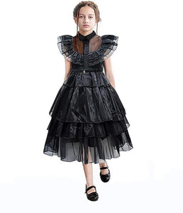 GUUZOGG Wednesday Addams Costume Dress for Girls, Kids Wednesday Addams Dress with Wig Belt Socks and THING, Halloween Costumes for Girls Cosplay Party Birthday Christmas New Years Dress