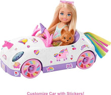 Barbie Chelsea Doll & Unicorn Toy Car, Blonde Small Doll in Removable Skirt, Pet Puppy, Sticker Sheet & Accessories