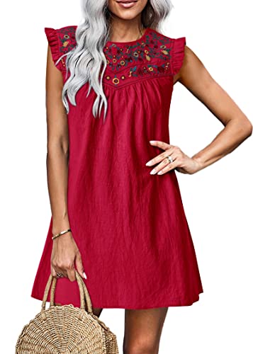 KIRUNDO 2023 Summer Women's Casual Sleeveless Floral Embroidered Mini Dress Loose Babydoll Flowy Short Boho Dresses(C-Red, Small)