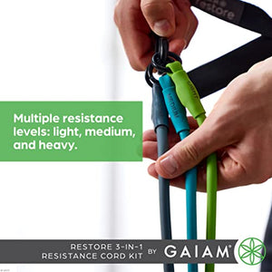 Gaiam Restore 3-in-1 Resistance Band Kit - Exercise Cord with Comfort-Grip Foam Handles and Easy-Adjust Interchangeable Strength Bands for High Intensity Training - Light, Medium, and Heavy Resistance