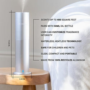 Hotel Collection - Mini Studio Scent Essential Oil Diffuser - Therapeutic Aromatherapy - Cold-Air Diffusion Technology - 400 sq. ft. Coverage - Waterless Air Diffuser for Home, Office & Hotel (Silver)