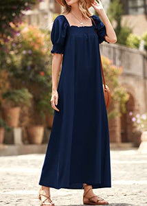 KIRUNDO 2023 Women's Summer Puff Sleeve Square Neck Loose Maxi Dress Pocketed Babydoll Maternity Dress Casual Long Dresses(Navy, Large)