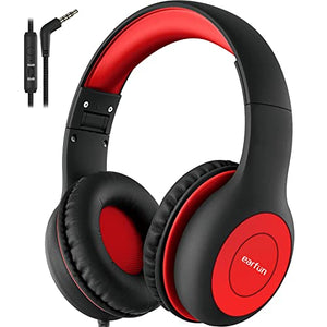 EarFun Kids Headphones Wired with Microphone, 85/94dB Volume Limit Headphones for Kids, Portable Wired Headphones with Shareport, Stereo Sound Foldable Headset for School/Tablet/iPad/Kindle, Black Red