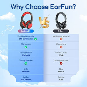 EarFun Kids Headphones Wired with Microphone, 85/94dB Volume Limit Headphones for Kids, Portable Wired Headphones with Shareport, Stereo Sound Foldable Headset for School/Tablet/iPad/Kindle, Black Red