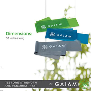 Gaiam Restore Strength and Flexibility Resistance Band Kit Set - 3 Levels of Resistance - Strength Training Workout Bands for Stretching Muscles - Versatile Exercise Tool - Light, Medium, and Heavy