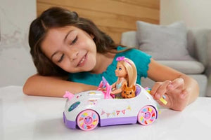 Barbie Chelsea Doll & Unicorn Toy Car, Blonde Small Doll in Removable Skirt, Pet Puppy, Sticker Sheet & Accessories