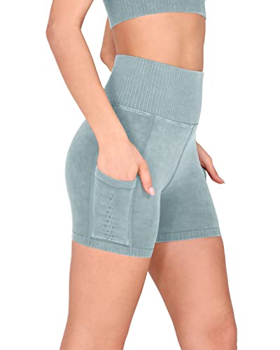 ODODOS Seamless Yoga Shorts for Women with Pockets Ribbed High Waist Gym Workout Athletic Casual Biker Shorts, Stone Washing Coastline, X-Large/XX-Large