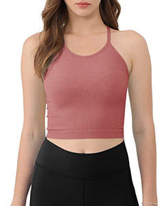 ODODOS Women's Crop Camisole 3-Pack Washed Seamless Rib-Knit Crop Tank Tops, Long Crop, Watermelon Emerald Mint, X-Large/XX-Large