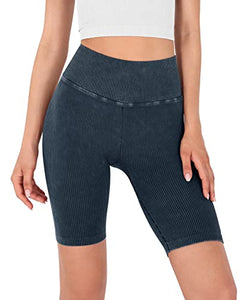 ODODOS Seamless Shorts for Women, High Waist Butt Lifting Acid Washed Ribbed Biker Shorts for Workout Yoga Gym, Acid Wash Navy, X-Small/Small