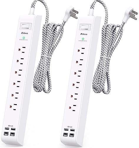 2 Pack Power Strip Surge Protector - 6 Outlets 4 USB Charging Ports, 5Ft Braided Extension Cord, Flat Plug, Overload Protection, Wall Mount for Home Office, Dorm Room Essentials