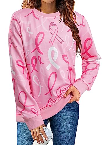 ALLTB Breast Cancer Shirts For Women Pink Ribbon Sweatshirt Cancer Fight Awareness Shirt Faith Casual Long Sleeve Tops