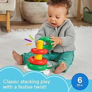 Fisher-Price Baby Stacking Toy Holiday Rock-A-Stack With 5 Rings And Bat-At Rocker Base For Ages 6+ Months, Red & Green