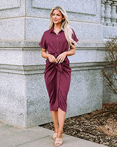 BTFBM Women 2023 Button Down Ruched Shirt Dresses Short Sleeve Lapel V Neck Elegant Party Spring Summer Maxi Satin Dress(Short Sleeve Purple Red, Large)