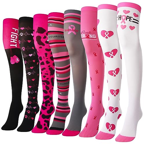 Newcotte 8 Pairs Breast Cancer Awareness Socks Pink Ribbon Breast Cancer Crew Socks over the Calf Pink Tall Socks soft Breast Cancer Knee High Socks for Women Athletic Outdoor Sport