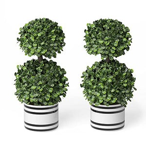 Barnyard Designs Set of 2 (12.5") Artificial Boxwood Topiary Potted Plant Decorations, Mini Faux Fake Plant Greenery Arrangements in Pots for Office Desk or Home Decor, 5.5" x 12.5"