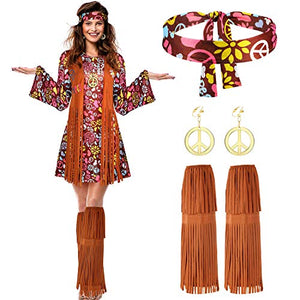 Women Hippie Costume Set Peace Sign Earring Necklace Headband Dress Ankle Socks(,)